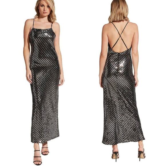 BARDOT Stripe Sequin Slip Maxi Dress Black Silver Formal Cocktail Party Prom - Picture 1 of 10